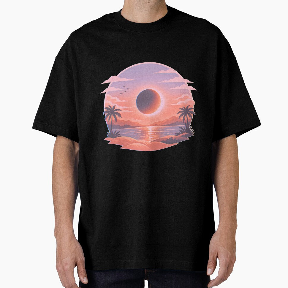 Sunset with eclipse, aesthetic design with soft colors by Moonshroomarts
