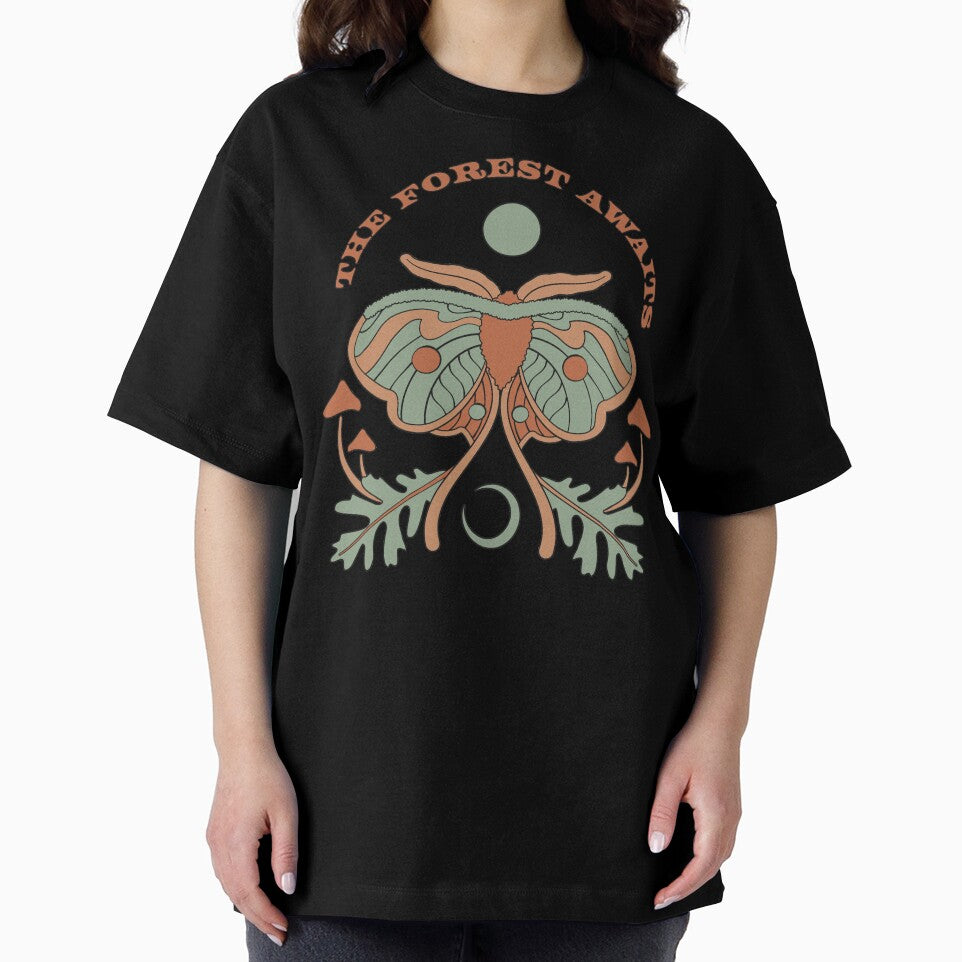 The Forest Awaits. Moth illustration with mushrooms, leaves and text by Blume-Corner