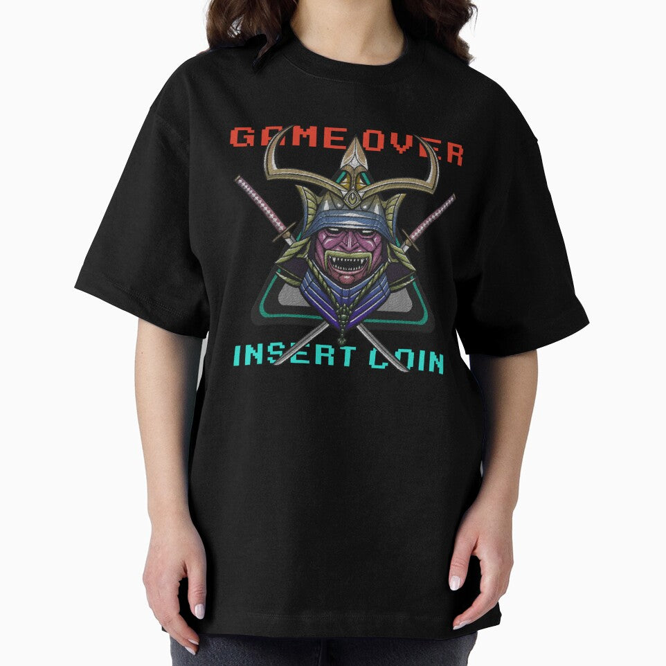 embroidery iron patch textured graphic artwork - game over insert coin (arcade cyberpunk samurai) by hayrpictures