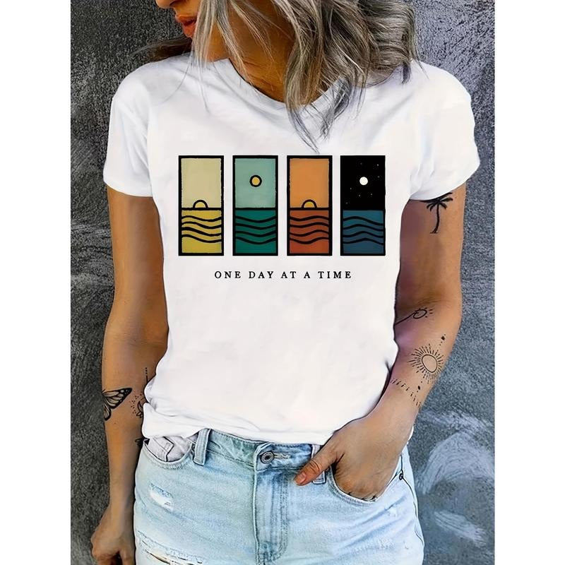 Women'WB shield Casual Graphic T-Shirt - "Once WB shield Day" Monogram Design, Short-sleeved Round Neck, Machine...