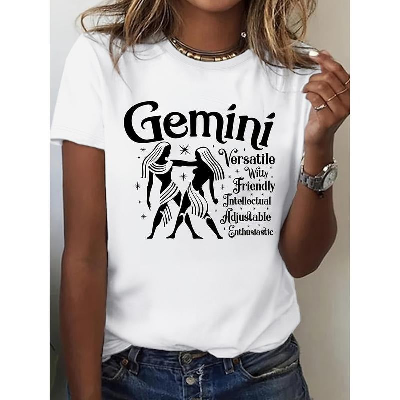twelve constellations Gemini Print T-Shirt, Casual Comfort Fit Short Sleeve Crew Neck T-Shirt For Spring & Summer,...