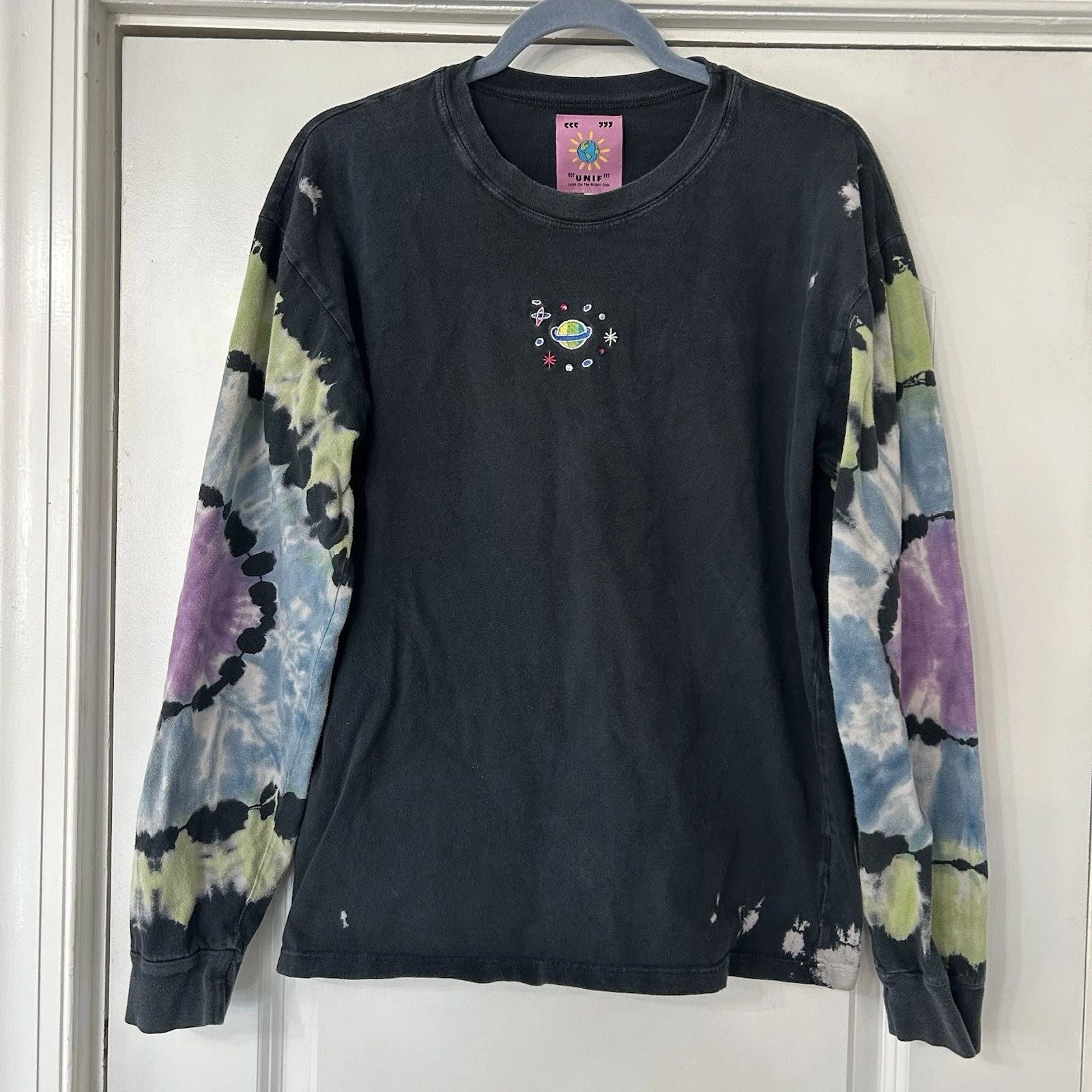 UNIF Tie Die Outer Space Long Sleeve T-Shirt Boho Hippie Rhinestones Black GUC