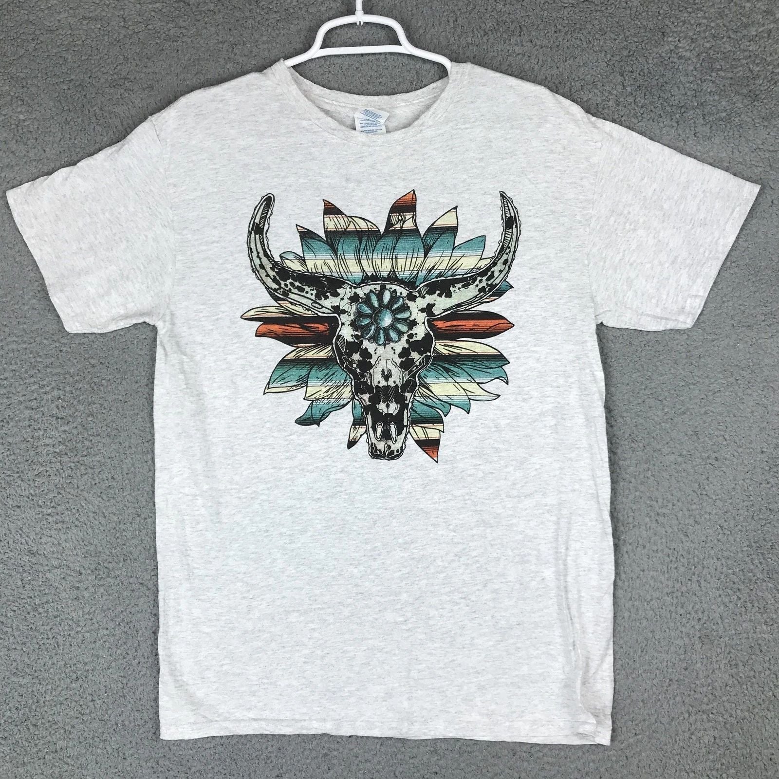 Delta Pro Weight Shirt Mens Medium Gray Bull Skull Feather Boho Western Tee