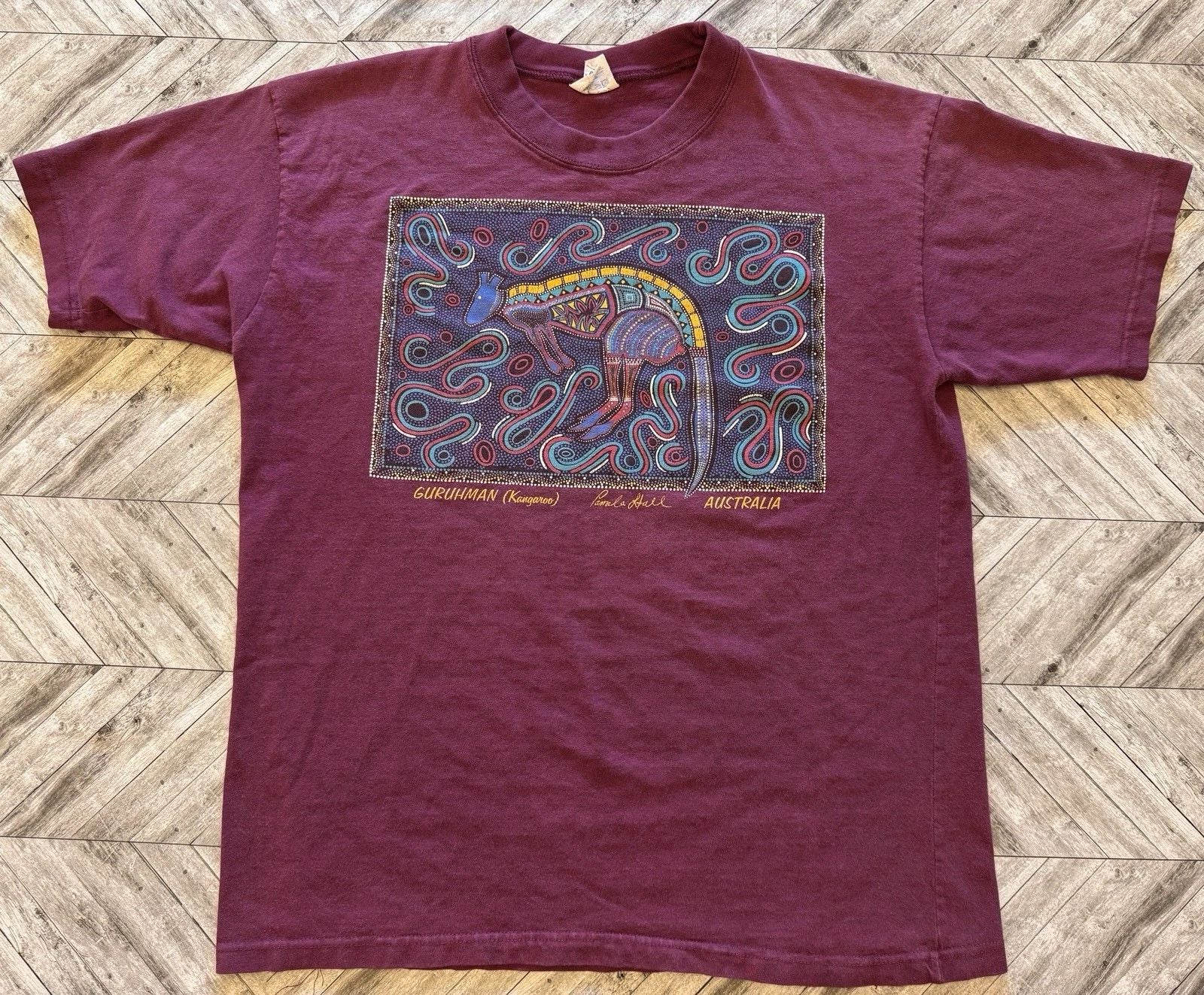 VTG Australia T-Shirt Mens Large Purple Aboriginal Art Kangaroo Y2K Boho Aztec