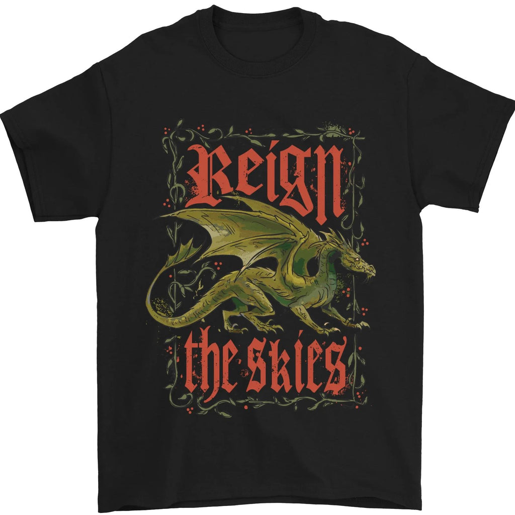 Fantasy Dragons Reign the Skies Mens T-Shirt 100% Cotton