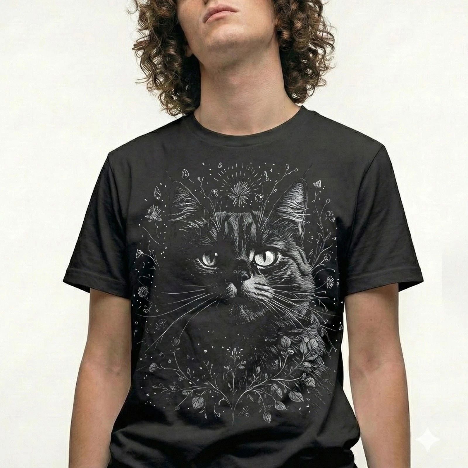 Floral Crown Cat T-Shirt Vintage Retro Boho Tee Funny Gift