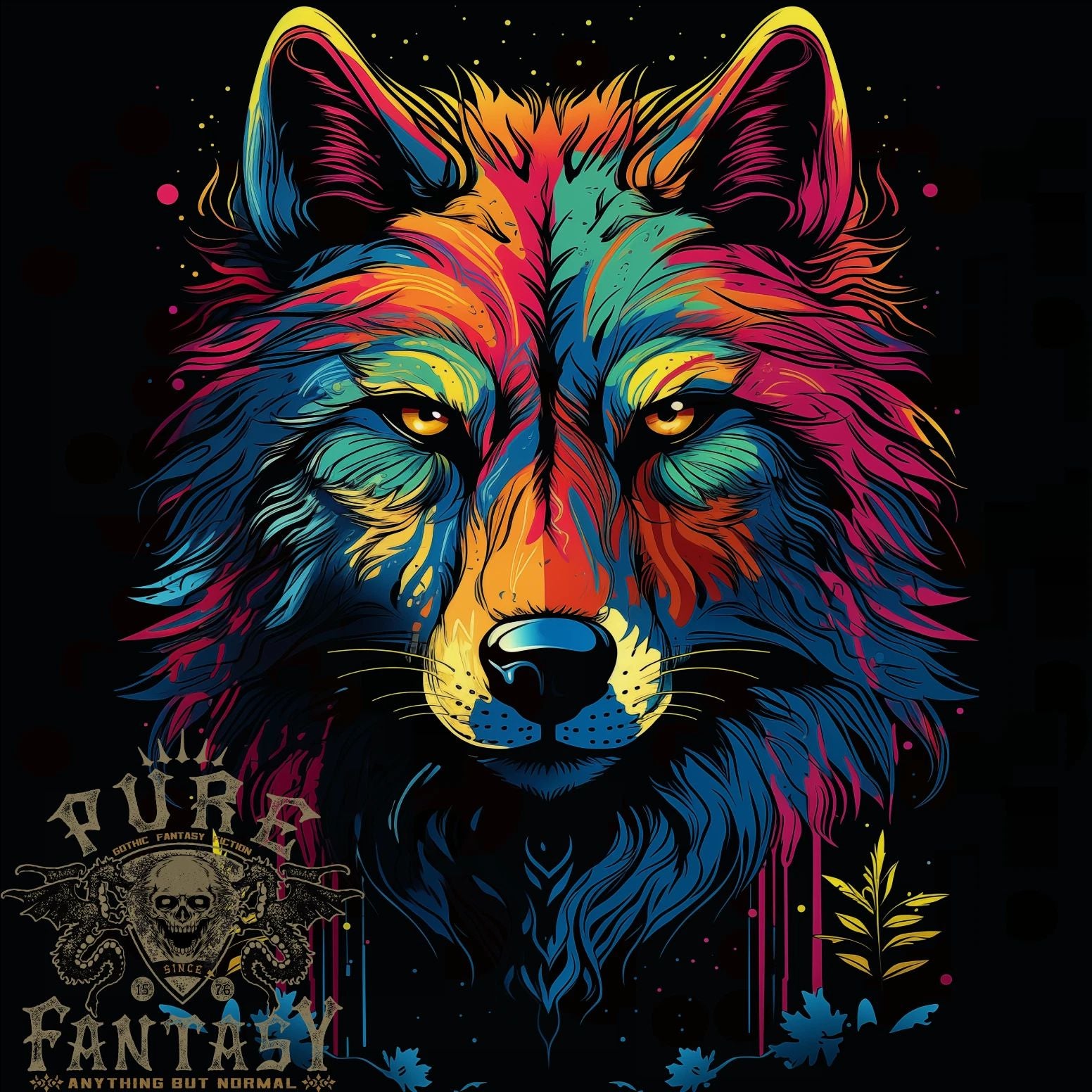 Colourful Fantasy Wolf Face Mens T-Shirt 100% Cotton