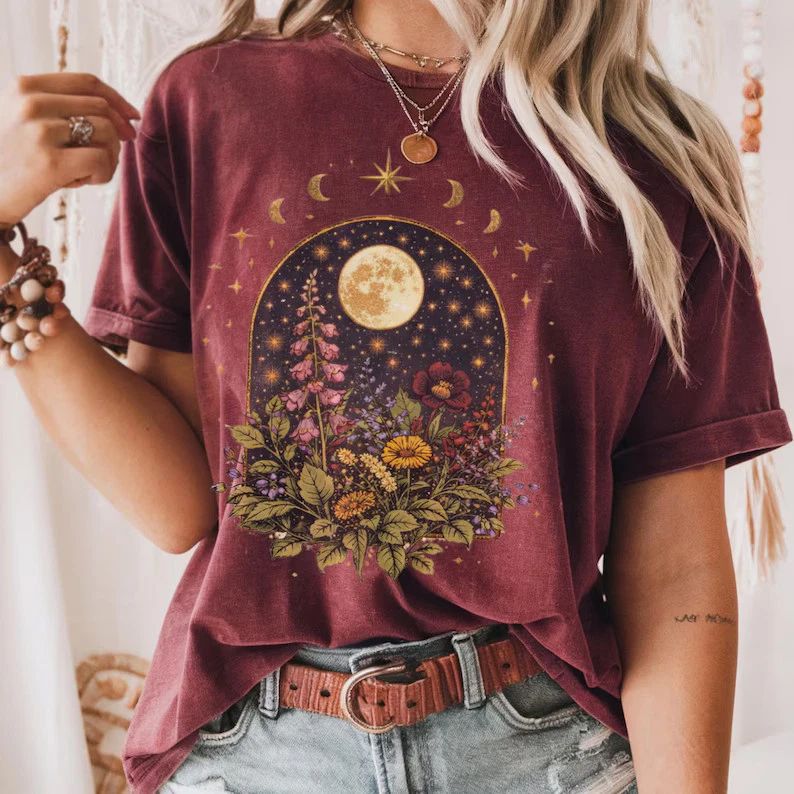 Boho Celestial Moon Spiritual Floral Comfort Tee