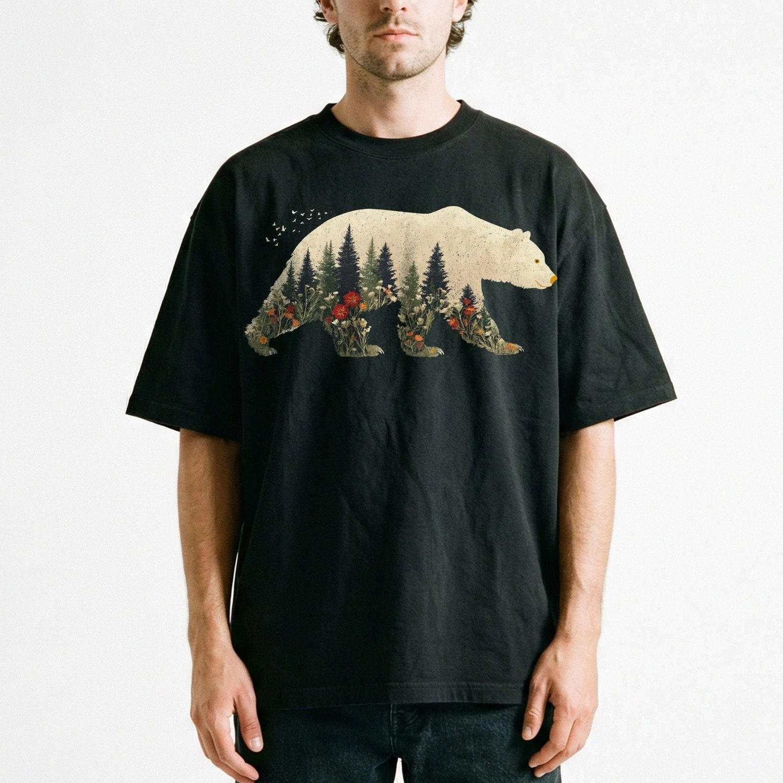 Cream Bear Wildflower Forest Birds Double Exposure Unisex T-Shirt Boho Lover Tee