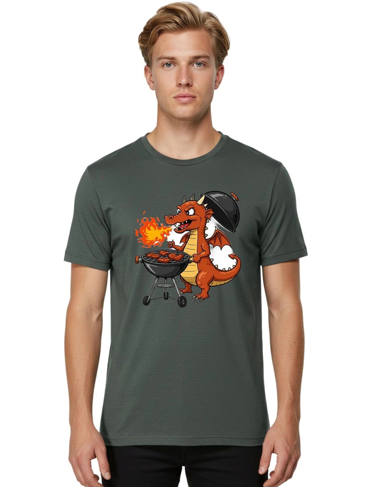 Dragon-Barbecue Mens Graphic Tee, 100% Cotton, Casual Summer Wear