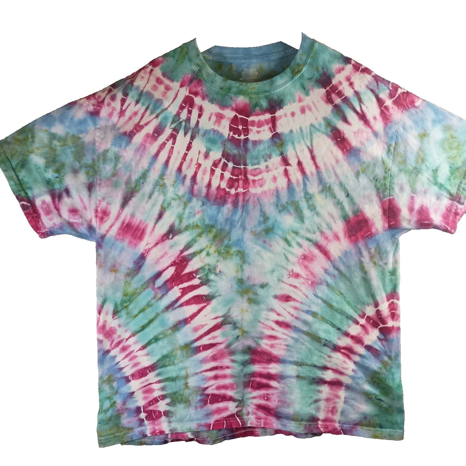 Handmade Double Circle Tie Dye T Shirt Green/Pink Hippie Boho Tee Hanes XL
