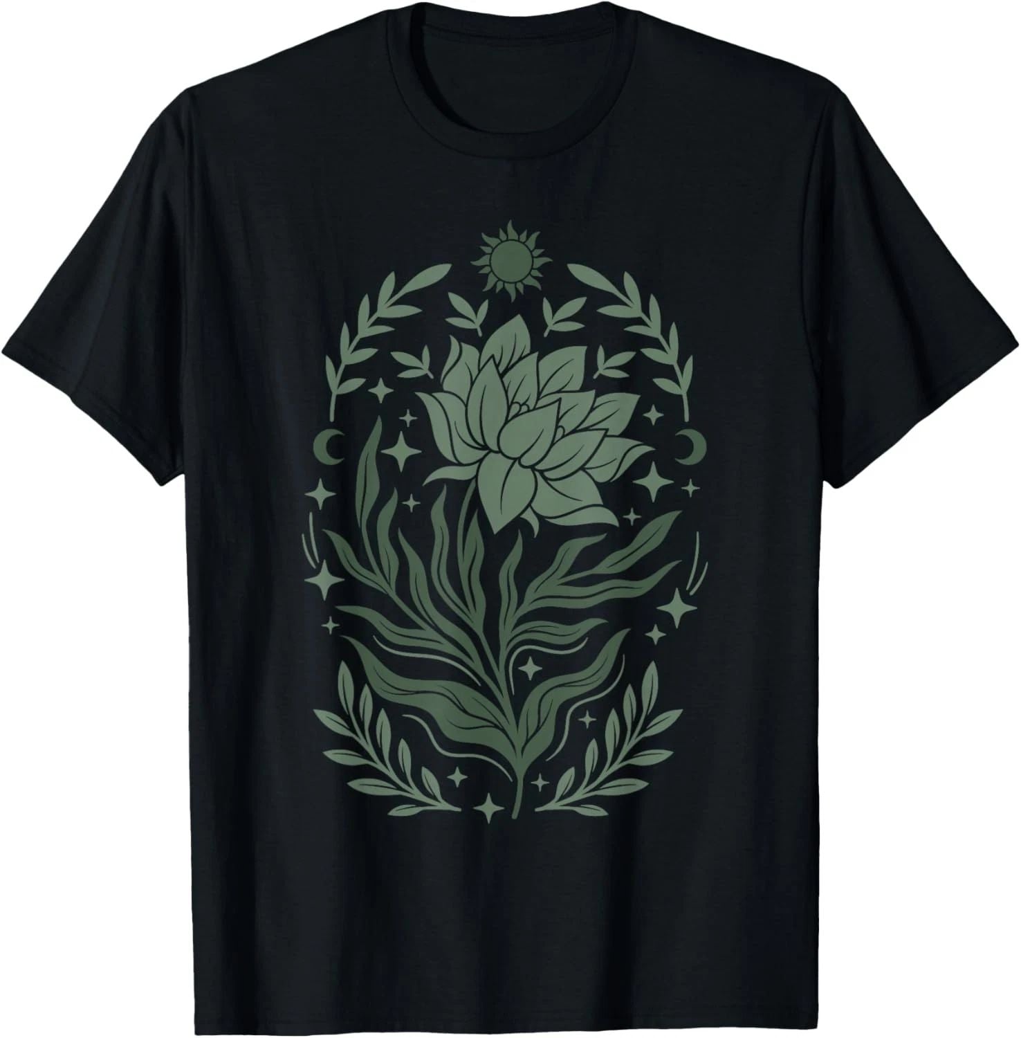 Sage & Green Flowers Sun Crescent Moon Boho Floral Celestial T-Shirt