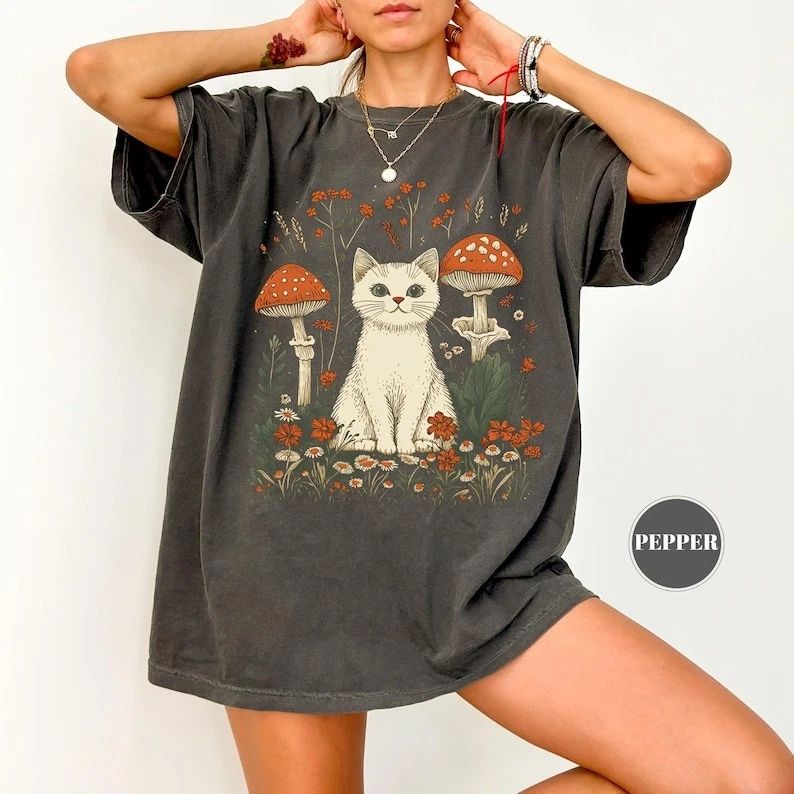 White Cottagecore Cat Boho Comfort Tee