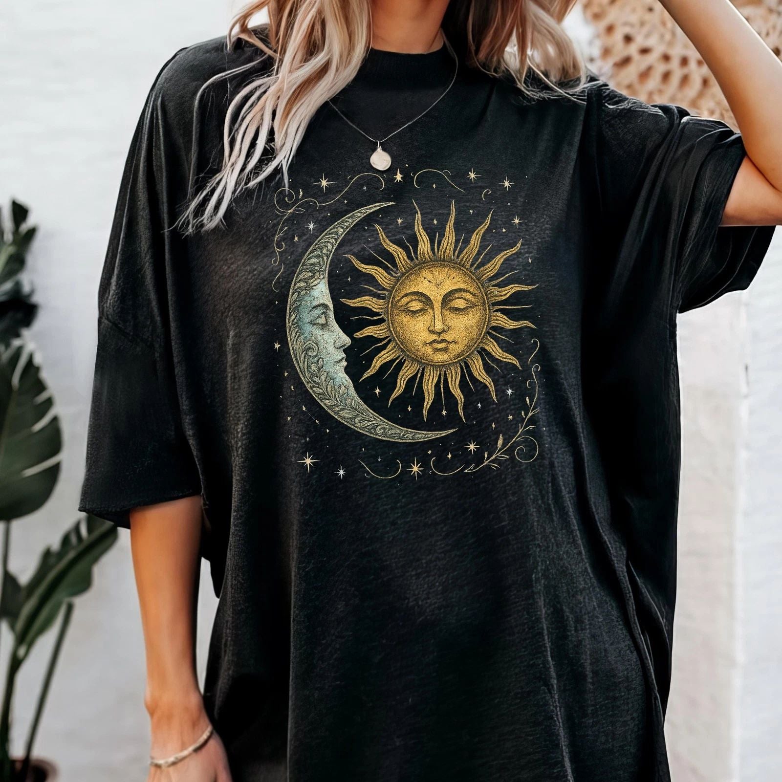 Boho Celestial Moon and Radiant Sun Spiritual Pattern T-Shirt, Mystical Shirt, A