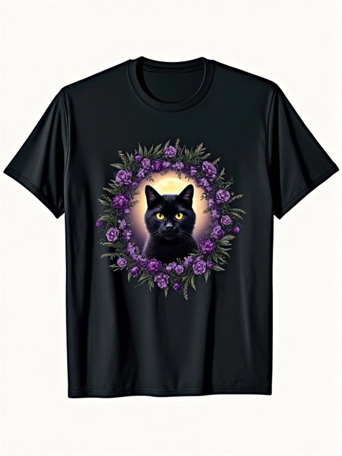 s & s Black Cat & Purple Lilac Moonlit Gothic Boho T-Shirt - 100% Unisex Casua