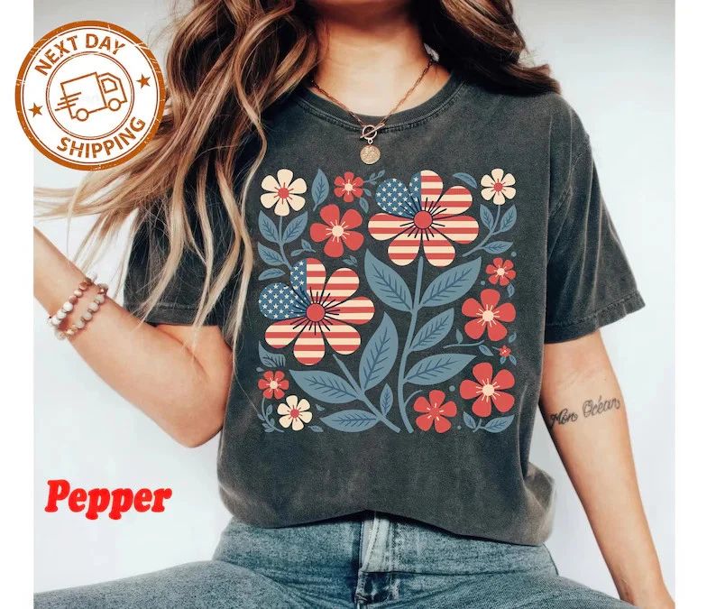 Boho Patriotic Daisy American Flag Comfort Tee Shirt Womens Mens Gift
