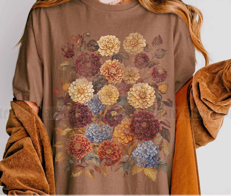 Boho Fall Flower Dahlia Floral Comfort Tee Shirt Women