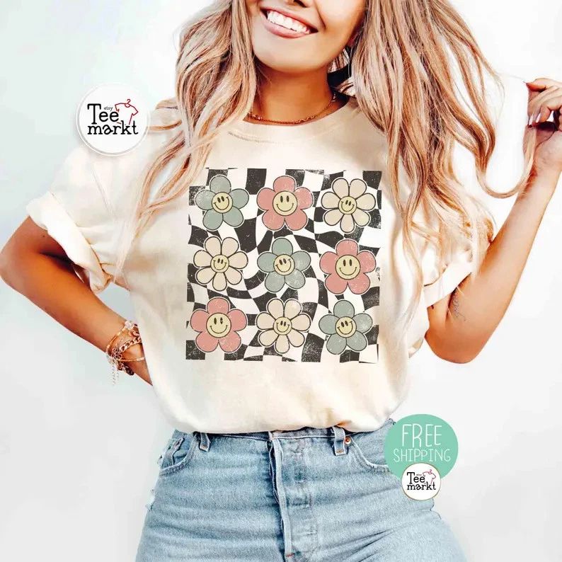 Boho Happy Flowers Shirt Comfort Colors Retro Smile Floral Graphic Tee