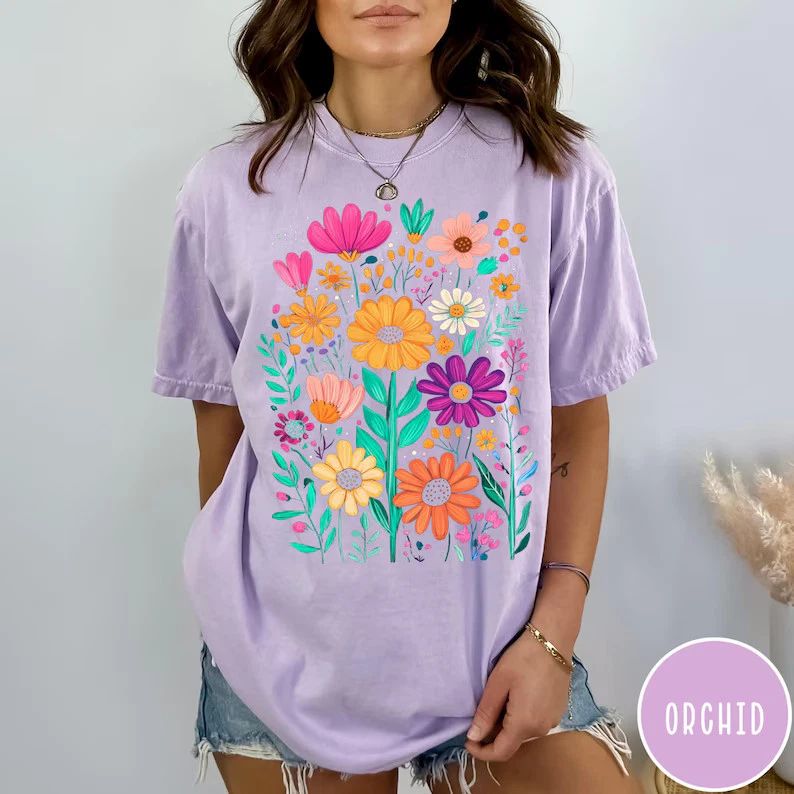 Boho Summer Floral Comfort Tee Shirt Relaxed Fit Soft Casual