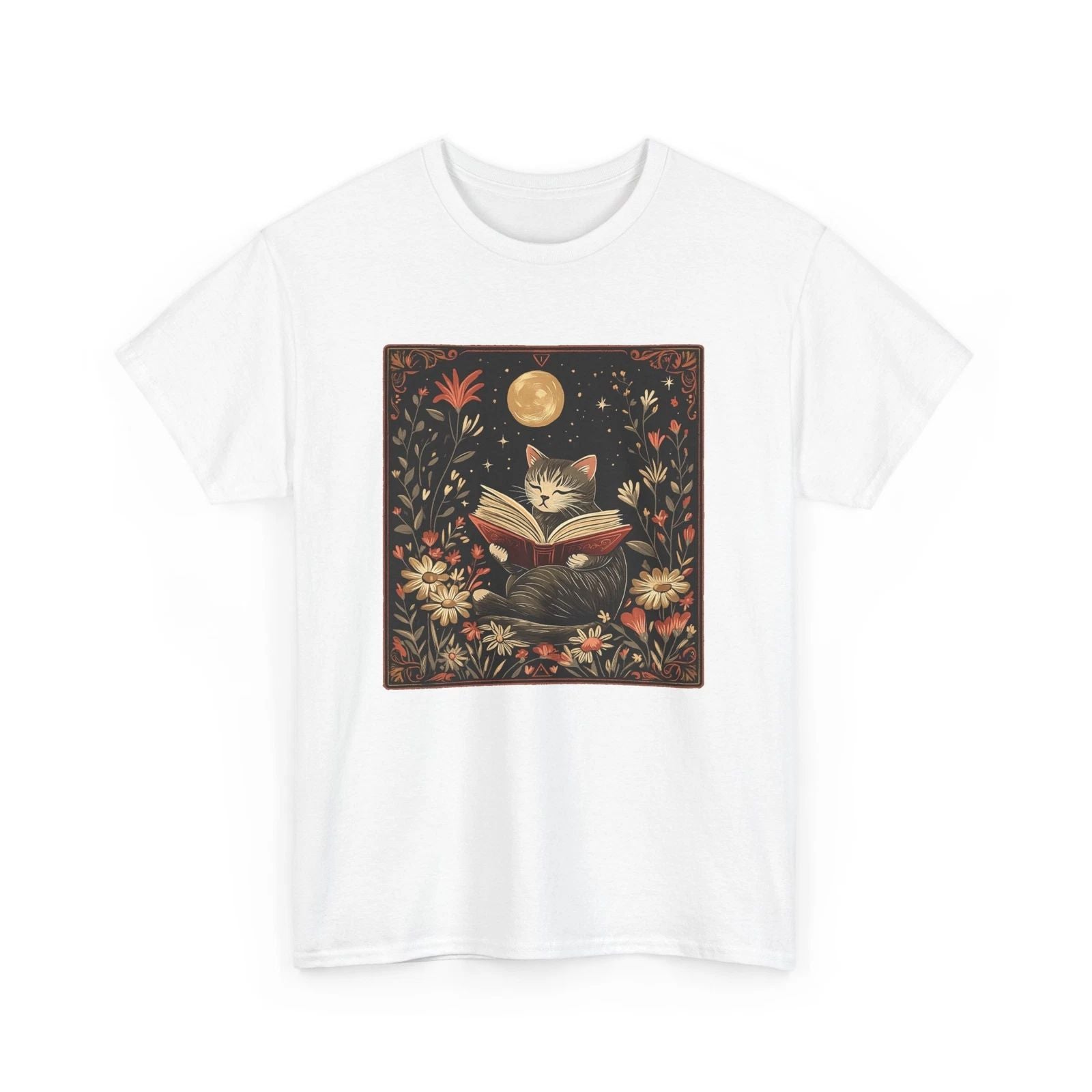 Cat Reading a Book Boho T-Shirt   Whimsical Cozy Book Lover Shirt