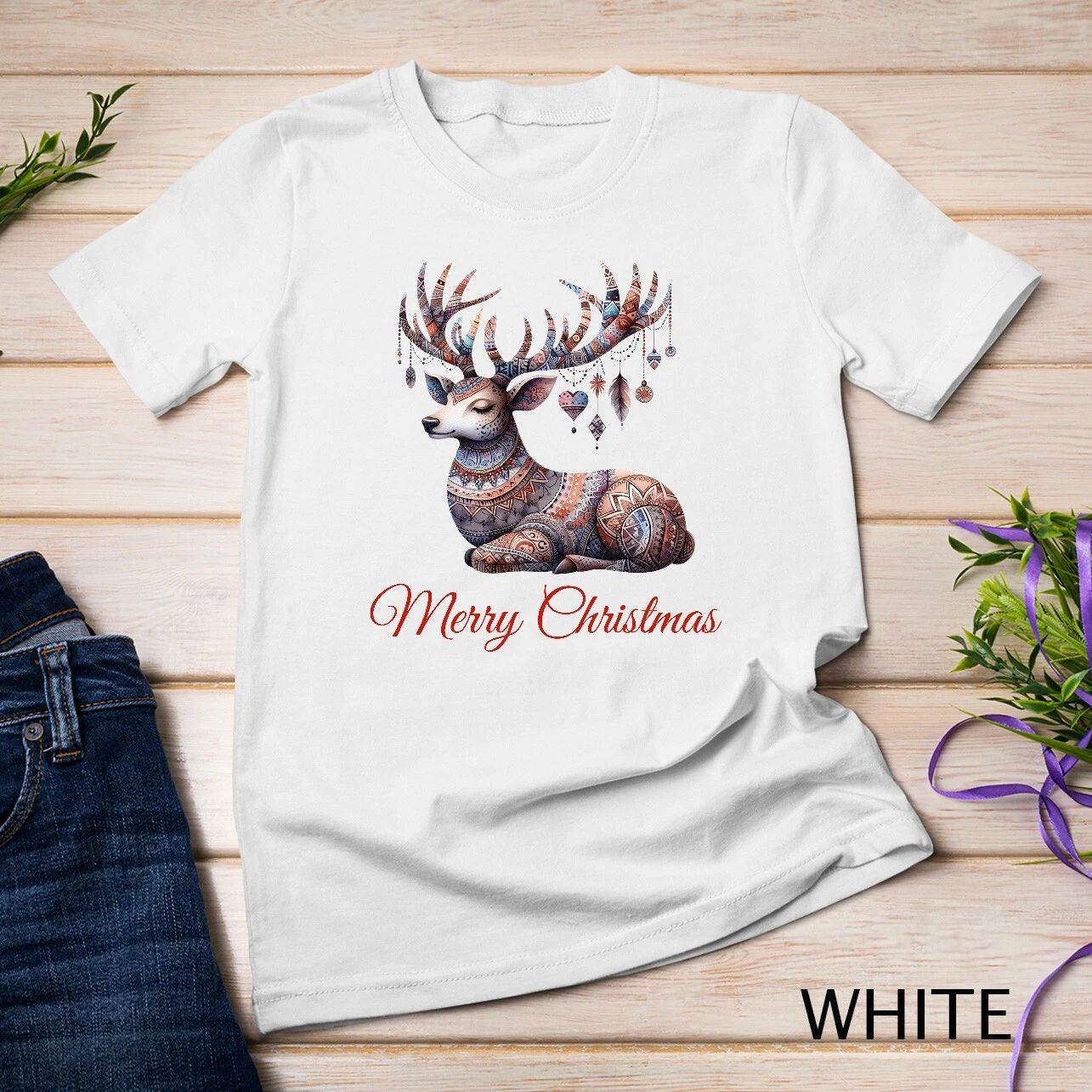 Vibrant Boho Reindeer Christmas Graphic Funny Christmas Shirt Unisex T-shirt