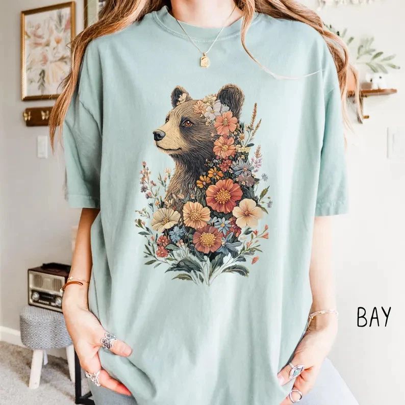 Boho Floral Bear Graphic Comfort Tee