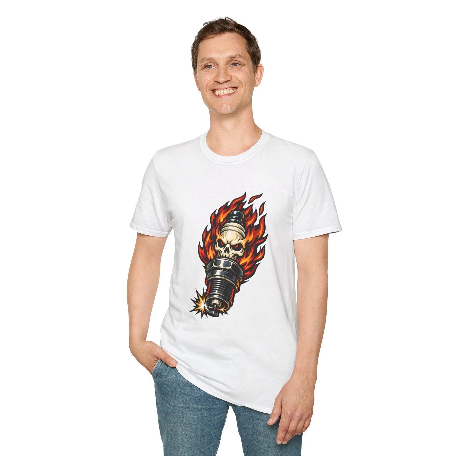 Flame Spark Plug Skull Mechanic Ignition Fantasy Garage Unisex Softstyle T-Shirt