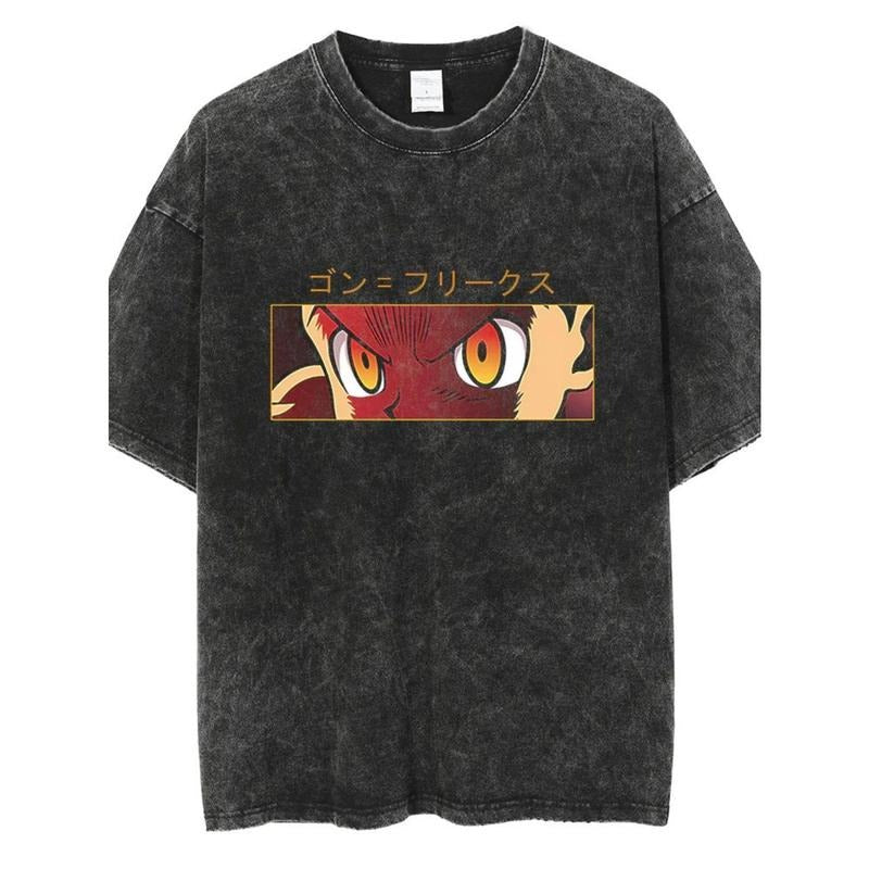 washed hot stamping print T-shirt Vintage T-shirt American Style Hip Hop Anime Full-Time Hunter Loose Ukiyo-E Printed...